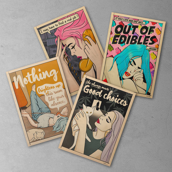 A bundle of four retro Pop-Art posters from the Soft Pop Studio™ collection, featuring humorous designs: “Good Choices,” “Out of Edibles,” “Your Absence,” and “A Real Job.” Each poster showcases vibrant colors, bold lines, and playful, sarcastic commentary on modern life.