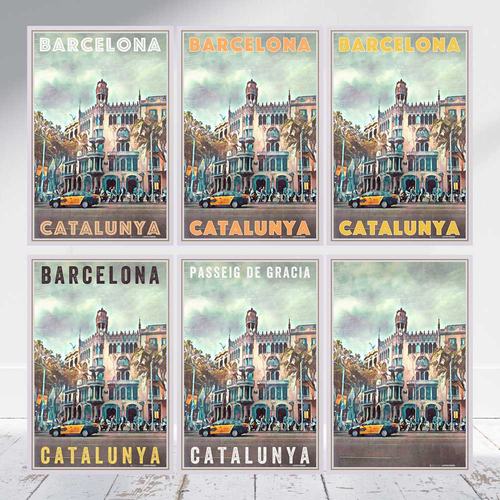 Personalize the text, colors, fonts or just go for no texts. Grid of 6 examples of a poster of Barcelona personalized with different titles