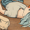 Close-up of the Your Absence poster, highlighting the details of the lying woman with blue hair and the comic-style illustration, emphasizing the sarcastic humor.