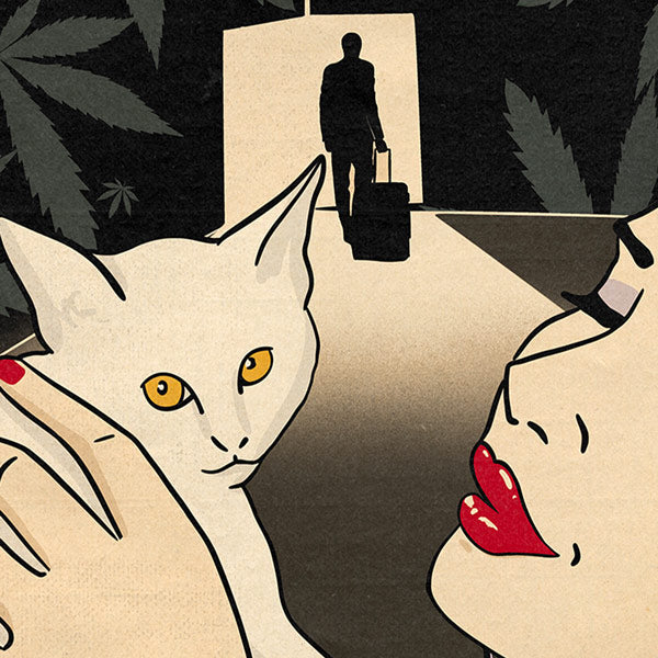 Close-up of the Good Choices poster, showcasing the detailed cat illustration and subtle humorous undertone of a departing figure in the background.