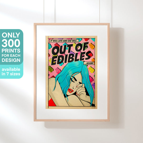 Out of Edibles Pop Art poster displayed in a frame, perfect for adding quirky humor and bold colors to modern home or office decor.