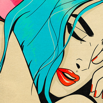Close-up of the Out of Edibles poster, highlighting the vibrant blue hair and comic-style details of the woman’s face in a vintage Pop Art design by Cha.
