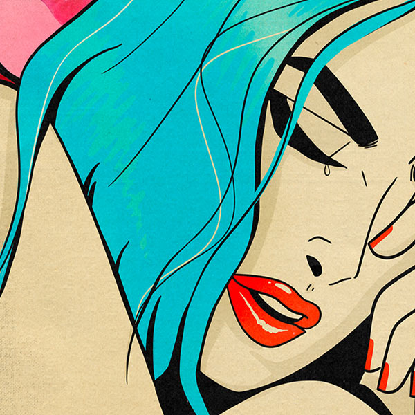 Close-up of the Out of Edibles poster, highlighting the vibrant blue hair and comic-style details of the woman’s face in a vintage Pop Art design by Cha.