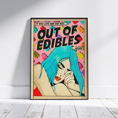 Out of Edibles poster leaning against wall – bold, colorful pop art wall decor print by Cha