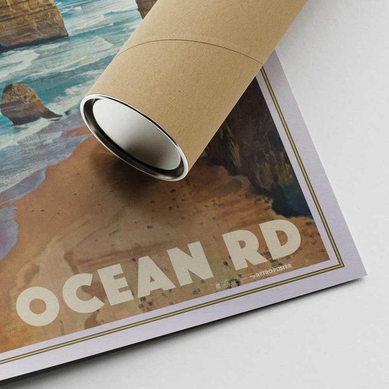 Bottom corner of the Twelve Apostles poster featuring Alecse’s signature and a cardboard shipping tube for secure delivery