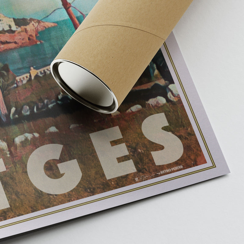 Corner of Aiguadolç Sitges poster showing Alecse's signature and eco-friendly tube for transportation.