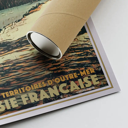 Close-up of the Another Tahiti vintage travel poster showing halftone texture, Alecse’s signature and shipping tube.