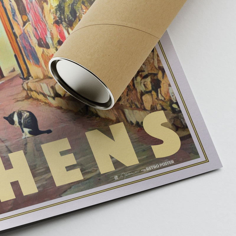 Corner view of the Anafiotika Athens print with the cat and Alecse’s signature and cardboard tube packaging