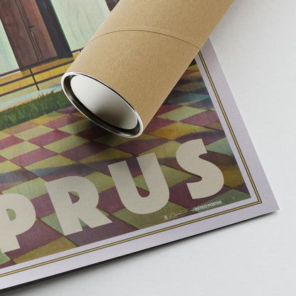 Bottom corner of the Ayia Napa Chapel poster, featuring Alecse’s signature and a sturdy cardboard shipping tube for safe delivery