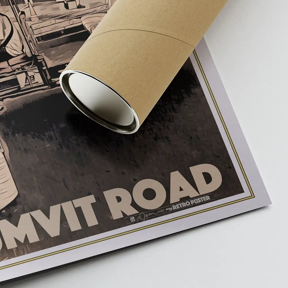 Close-up of the poster corner and Sukhumvit Road text with shipping tube – limited edition by Alecse