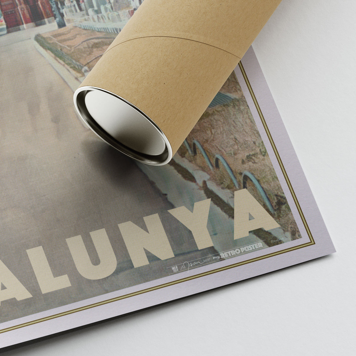 Close-up of Alecse’s Barcelona Arch poster highlighting the red brick arch and surrounding palm trees.