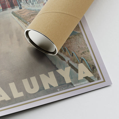 Close-up of Alecse’s Barcelona Arch poster highlighting the red brick arch and surrounding palm trees.