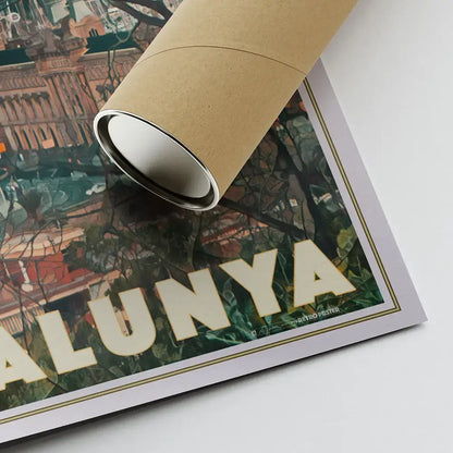 Detail of Barcelona Catalunya travel poster rolled with tube