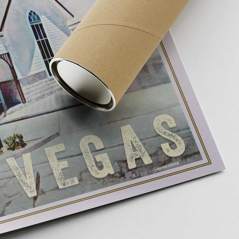 Corner of the poster of the Las Vegas Bliss Chapel and shipping tube | The perfect wedding anniversary gift