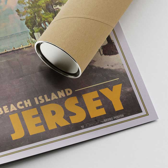 Zoomed-in corner of Brant Beach poster featuring Alecse’s signature and protective shipping tube