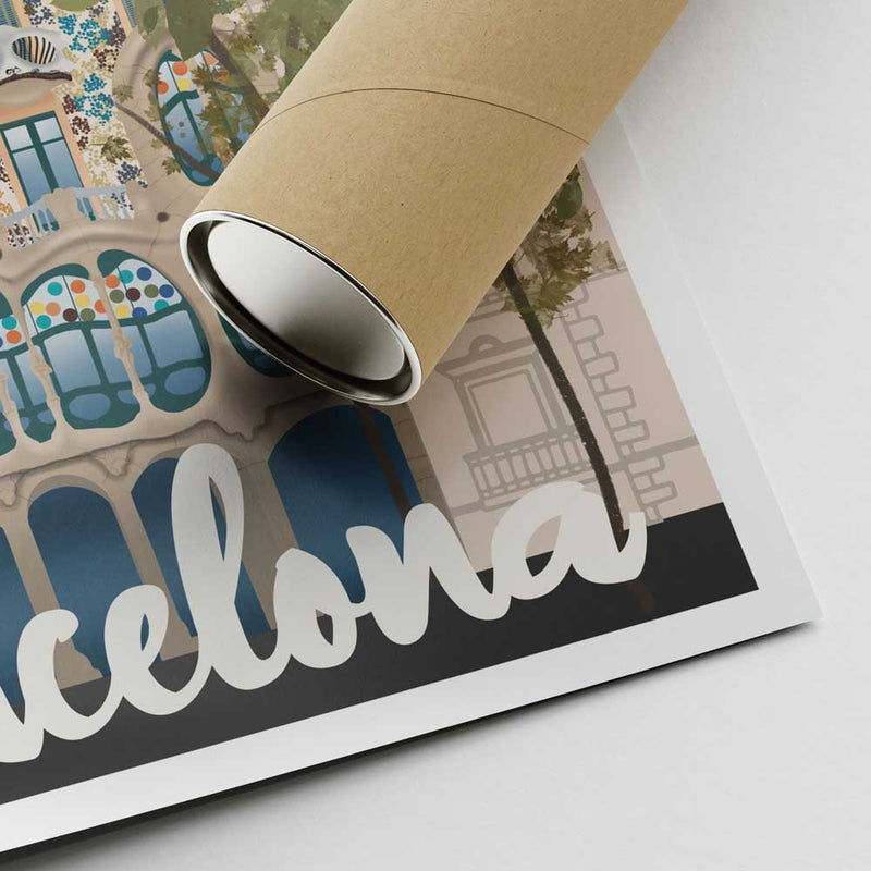 Corner detail of the Barcelona Batlló retro travel poster, emphasizing the high-quality print, soft pastel colors, and Art Nouveau elegance.