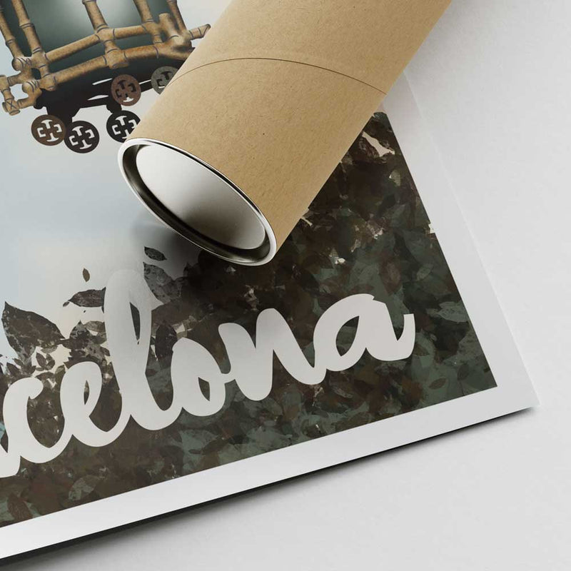 Corner detail of the Barcelona Dragon retro travel poster, emphasizing the high-quality print and fine Art Nouveau elements