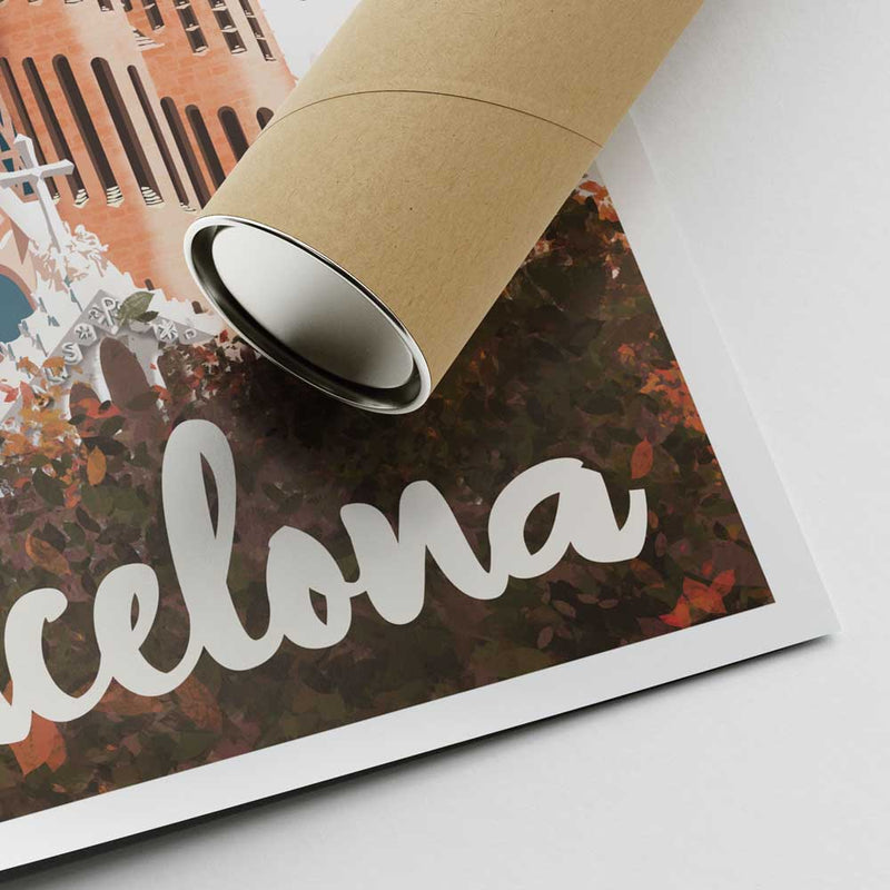 Corner detail of the Barcelona Sagrada retro travel poster, emphasizing the high-quality print, fine detailing, and soft Mediterranean color palette