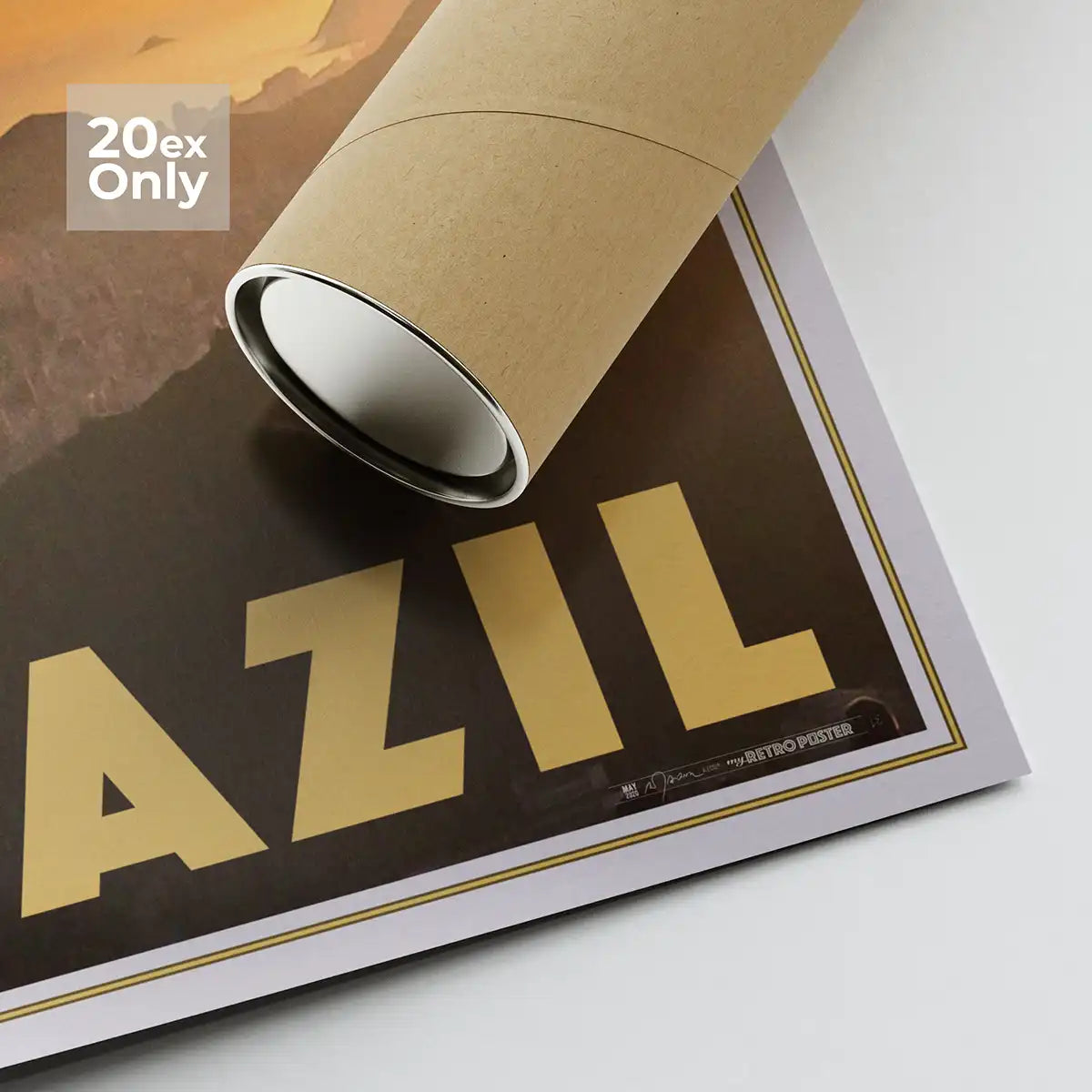 Alecse's signature on the 'Rio Sunset' poster, numbered for exclusivity, with a view of the protective tube for collector's shipping