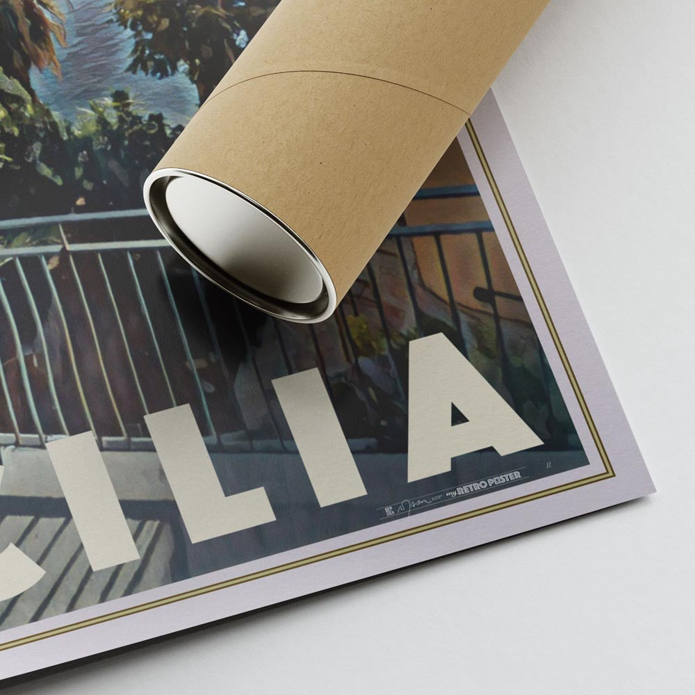 Corner view of Castellammare travel poster with artist Alecse’s signature and poster tube