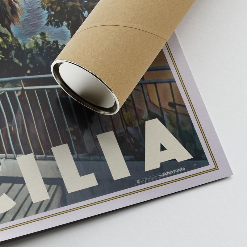 Corner view of Castellammare travel poster with artist Alecse’s signature and poster tube