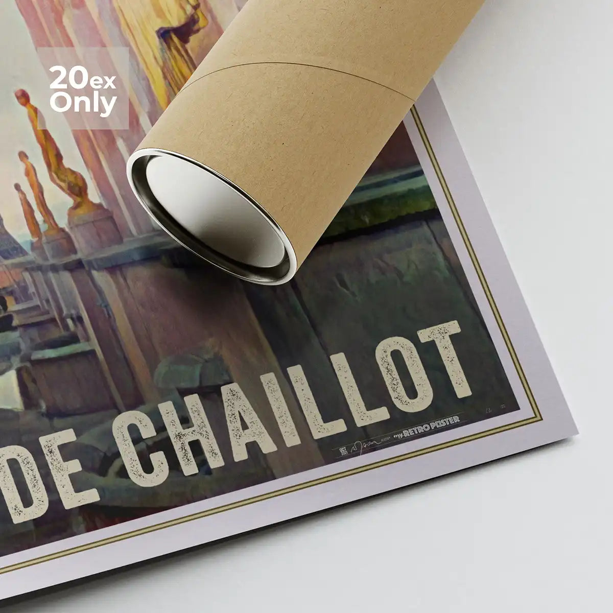 Rolled Paris poster with Alecse’s signature and gold-lined border.