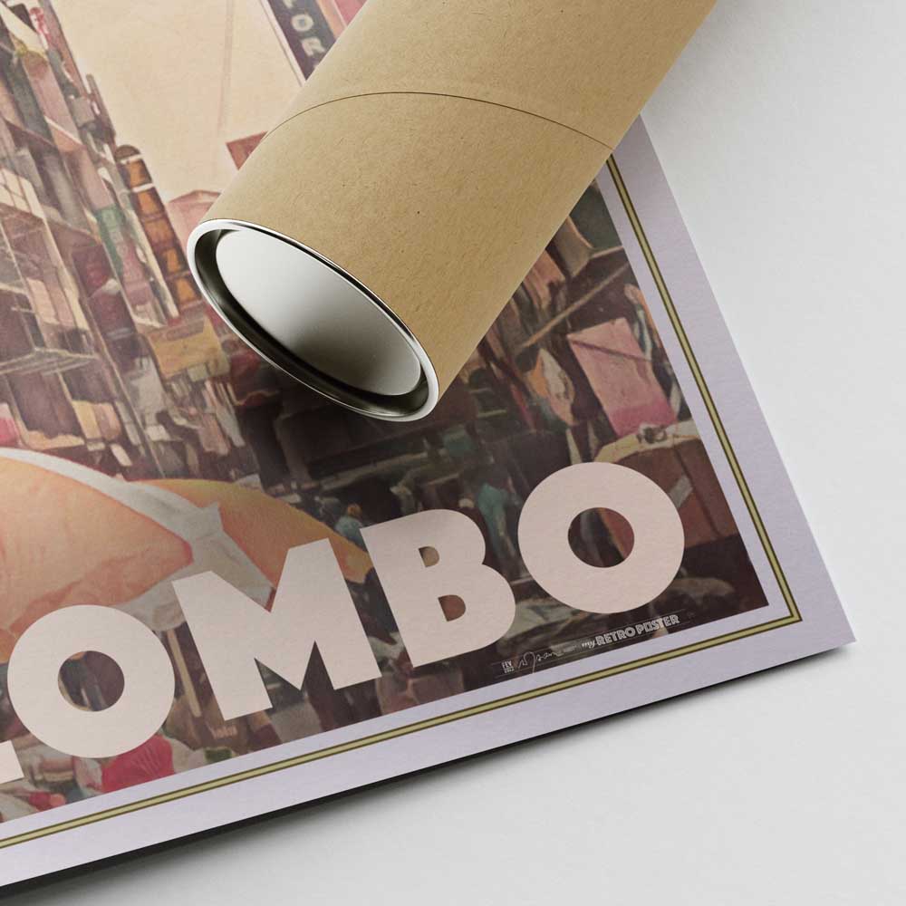 Signature corner of Alecse’s Pettah Market travel poster beside a cardboard shipping tube, ready for global dispatch