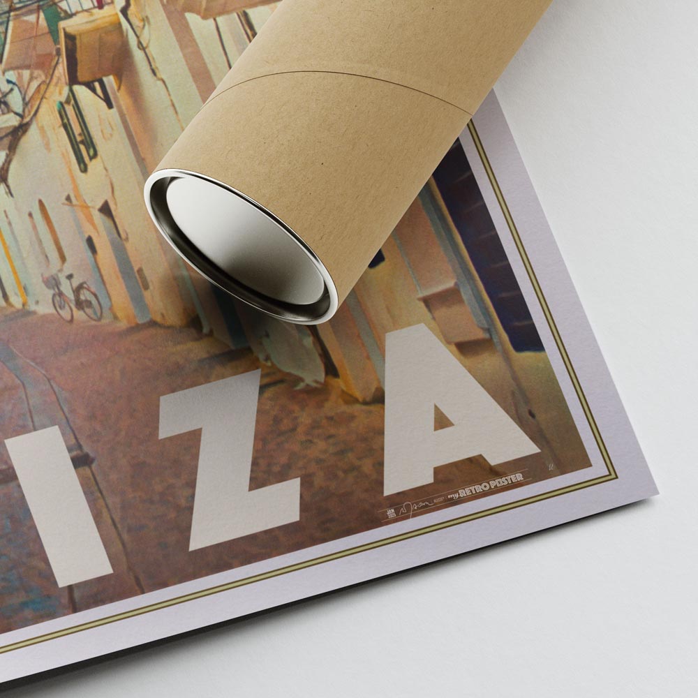 Lower right corner of the Ibiza poster with Alecse’s signature, shown alongside a cardboard shipping tube
