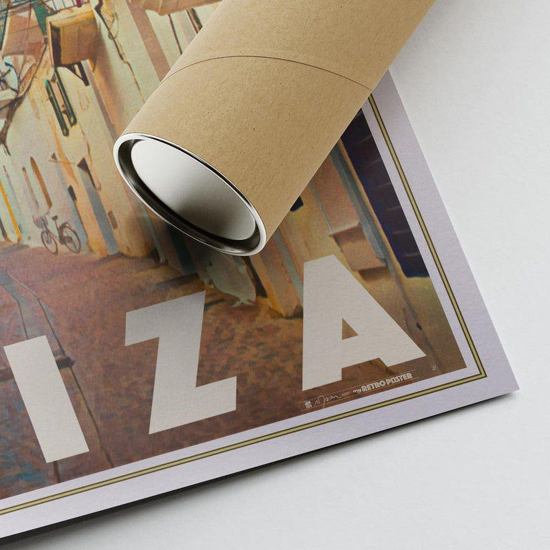 Lower right corner of the Ibiza poster with Alecse’s signature, shown alongside a cardboard shipping tube