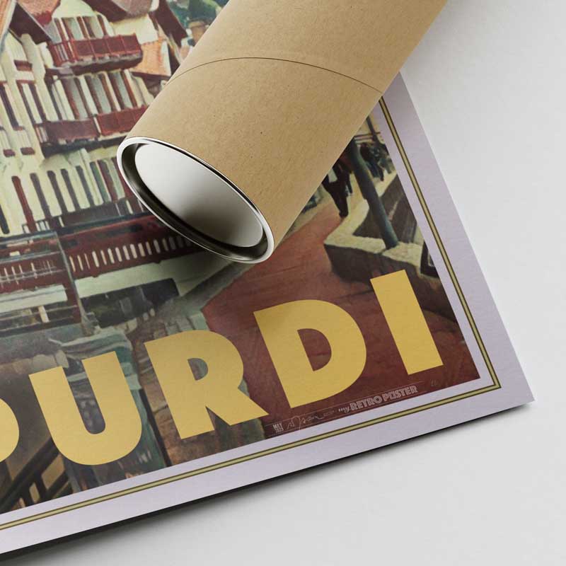 Corner of Donibane Lohizune travel poster, featuring Alecse's signature and the tube packaging for protection