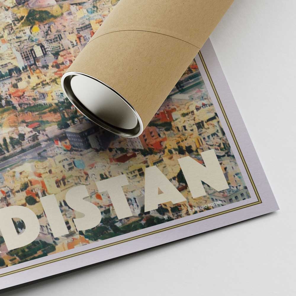 Close-up of Duhok Kurdistan poster showing signature, edition border and "KURDISTAN" title with cardboard shipping tube