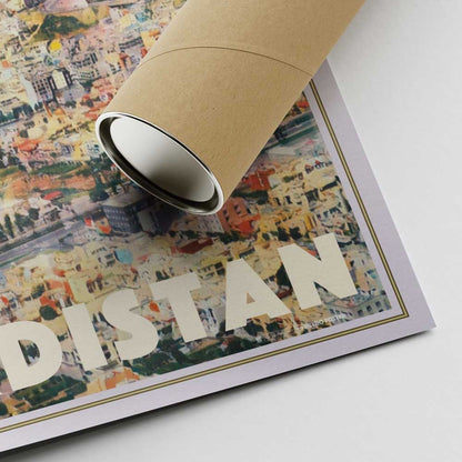 Close-up of Duhok Kurdistan poster showing signature, edition border and "KURDISTAN" title with cardboard shipping tube