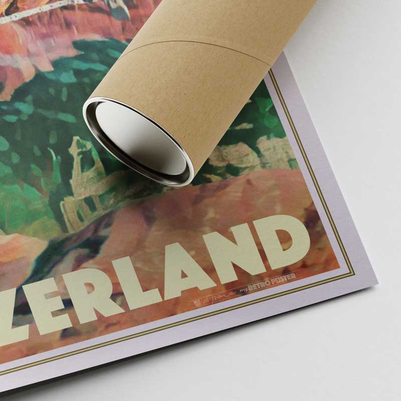Corner view of the Eiger Switzerland travel poster print showing Alecse’s signature, retro frame line, and cardboard tube packaging