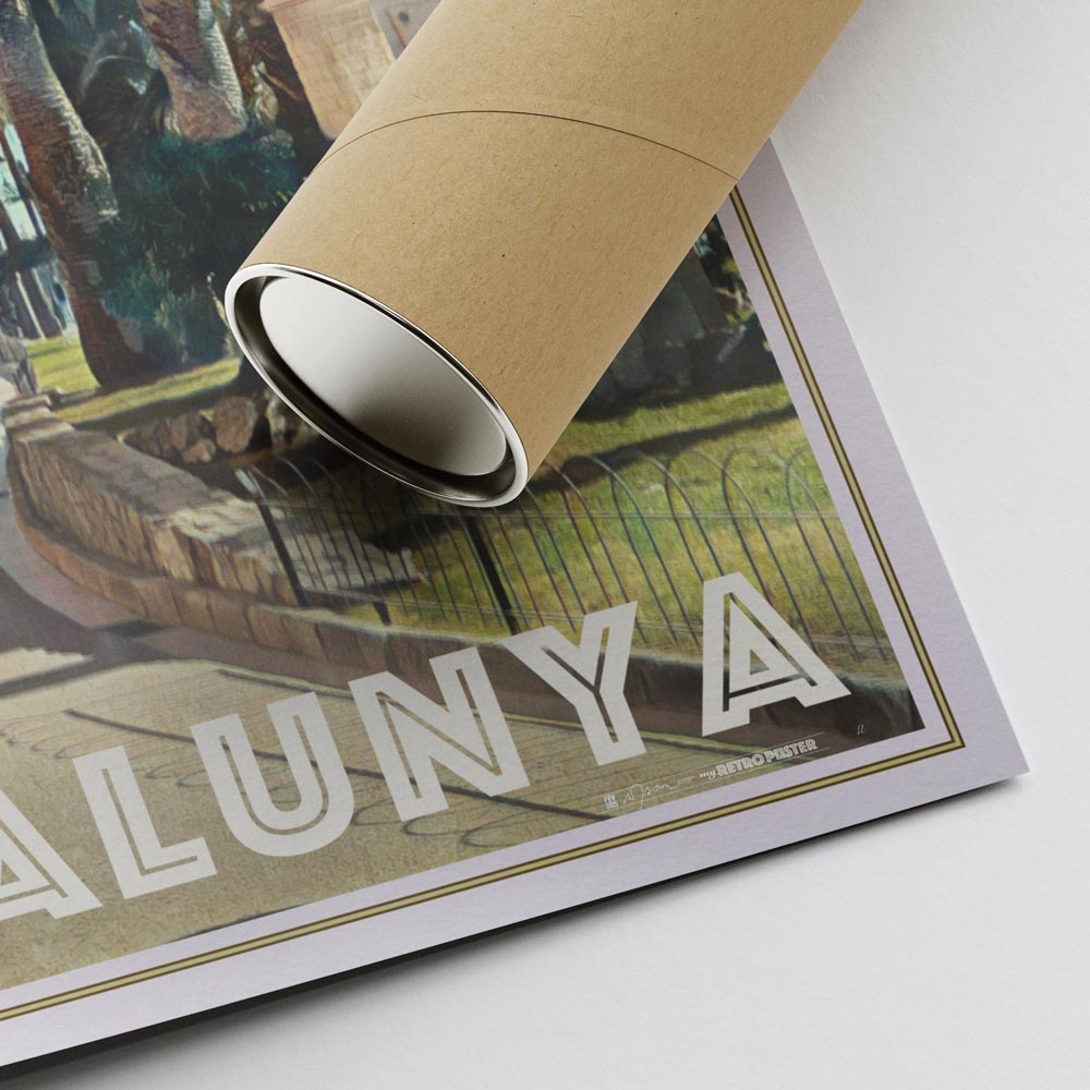 Poster detail showing ‘Catalunya’ text, Alecse’s signature, and packaging tube – limited edition print