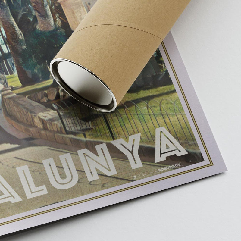 Poster detail showing ‘Catalunya’ text, Alecse’s signature, and packaging tube – limited edition print