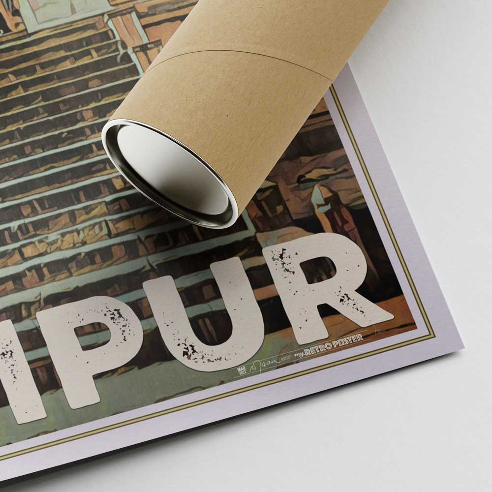 A corner of Alecse’s Galta-Ji Jaipur poster, signed and accompanied by a carton tube, signifying ready shipment