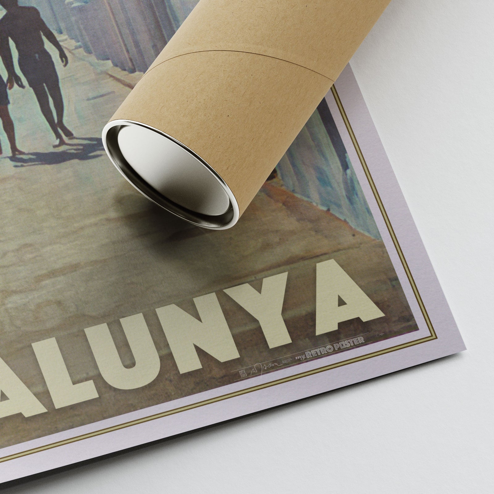 Corner of Alecse’s Garraf Beach Huts poster showing artist signature and eco-friendly tube packaging.
