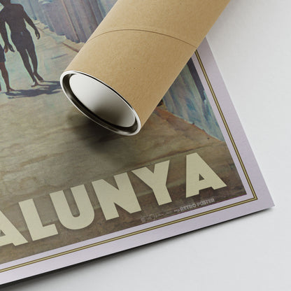 Corner of Alecse’s Garraf Beach Huts poster showing artist signature and eco-friendly tube packaging.
