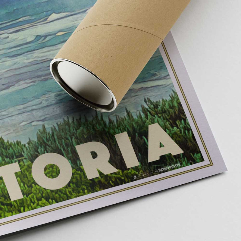 Bottom corner of the Great Ocean Road, Victoria poster featuring Alecse’s signature and a cardboard shipping tube for secure delivery