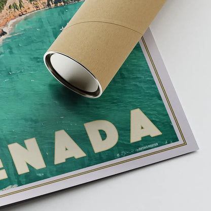 Close-up of vintage travel poster of Grande Anse Grenada rolled in tube