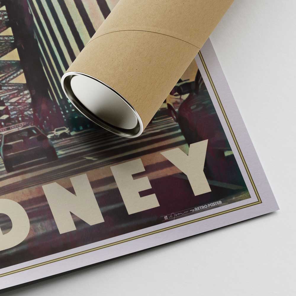 Bottom corner of the Harbour Bridge Sydney poster featuring Alecse’s signature and a cardboard shipping tube for secure delivery