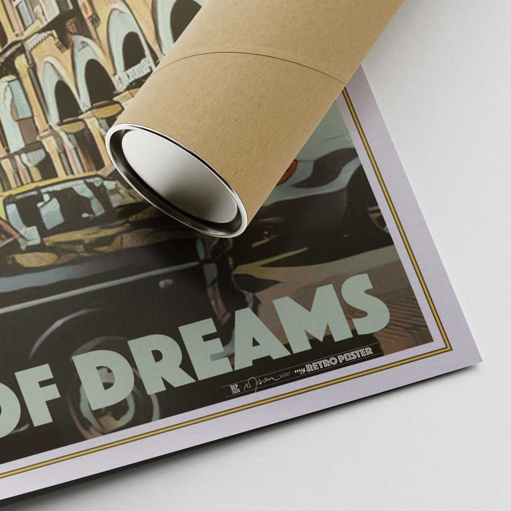 Corner of Alecse's signed Mumbai City of Dreams Poster with shipping tube, exclusive India travel art