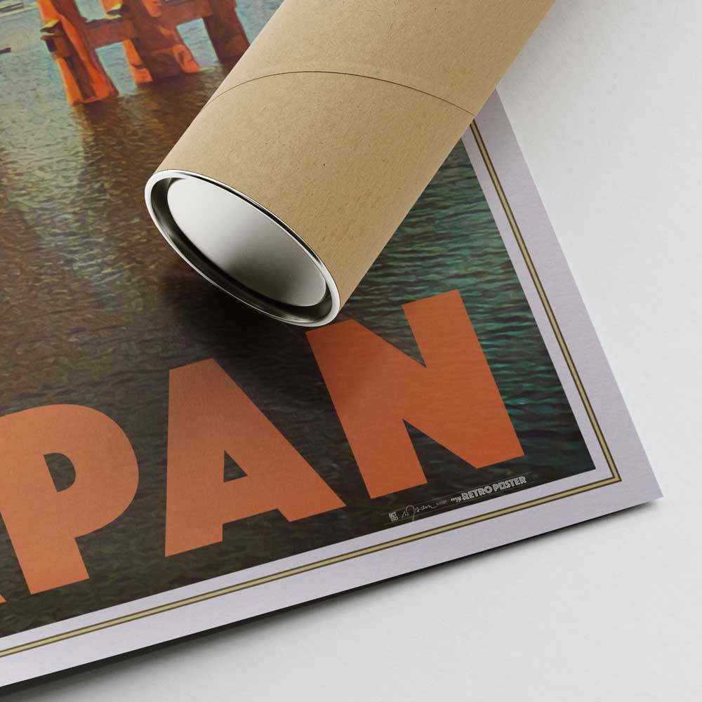 Corner of the 'Miyajima' print by Alecse, showing the signature and protective tube for shipping the Japan-themed artwork