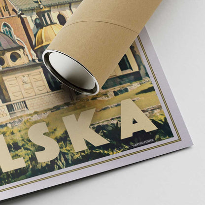 Close-up of Kraków Poland poster showing POLSKA title, artist signature, golden frame edge and cardboard mailing tube