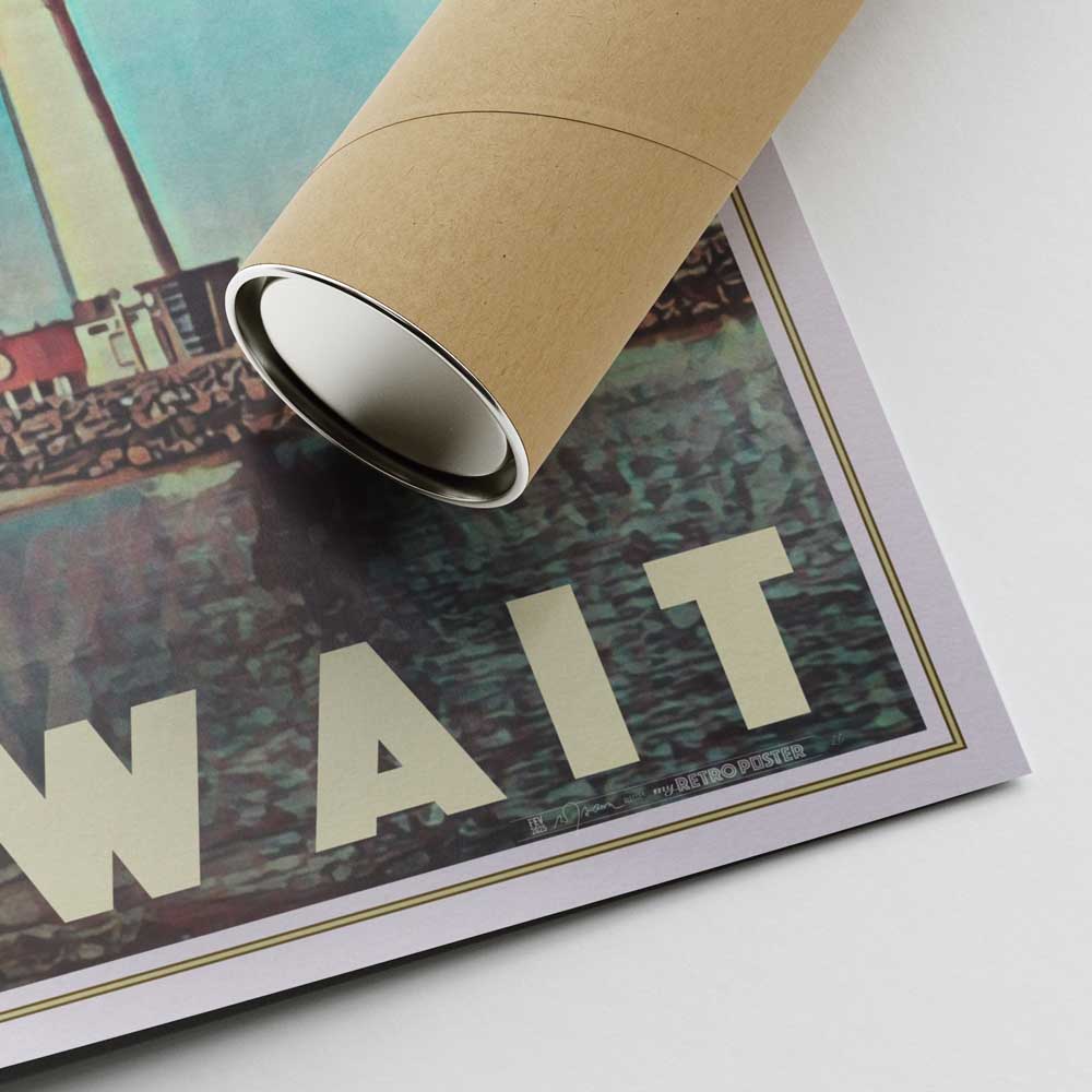 Kuwait Towers poster with tube and signature – A corner detail of the travel poster featuring Alecse’s signature, with a shipping tube in the frame