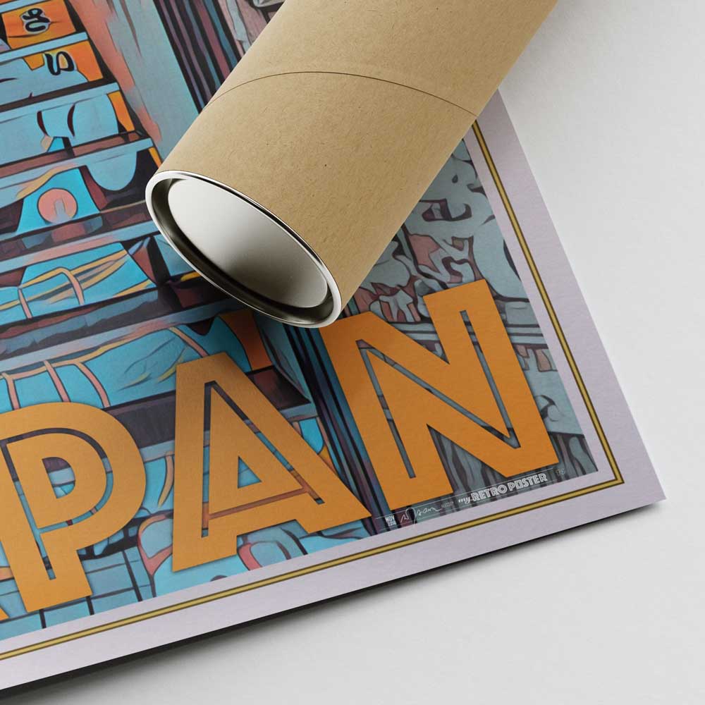 Corner of Alecse's signed Kyoto Lucky Cat Poster with a carton shipping tube, symbolizing authentic Japanese travel art