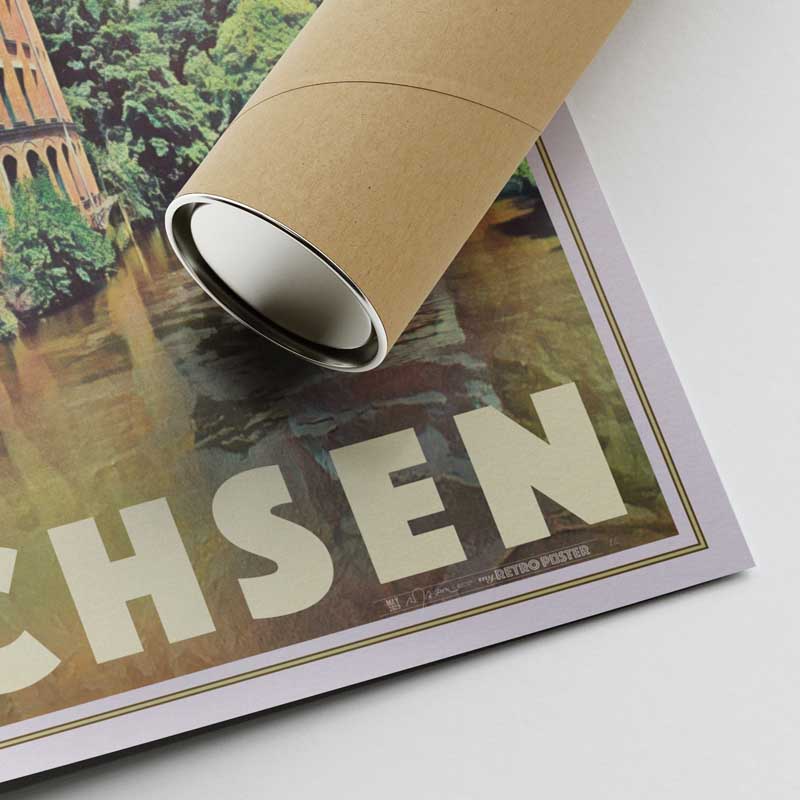 Corner of Alecse's Elster Leipzig poster, featuring the artist's signature and the protective shipping tube