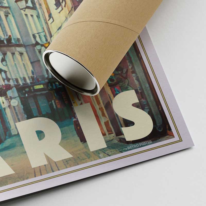 Corner of the travel poster of Paris and a shipping tube