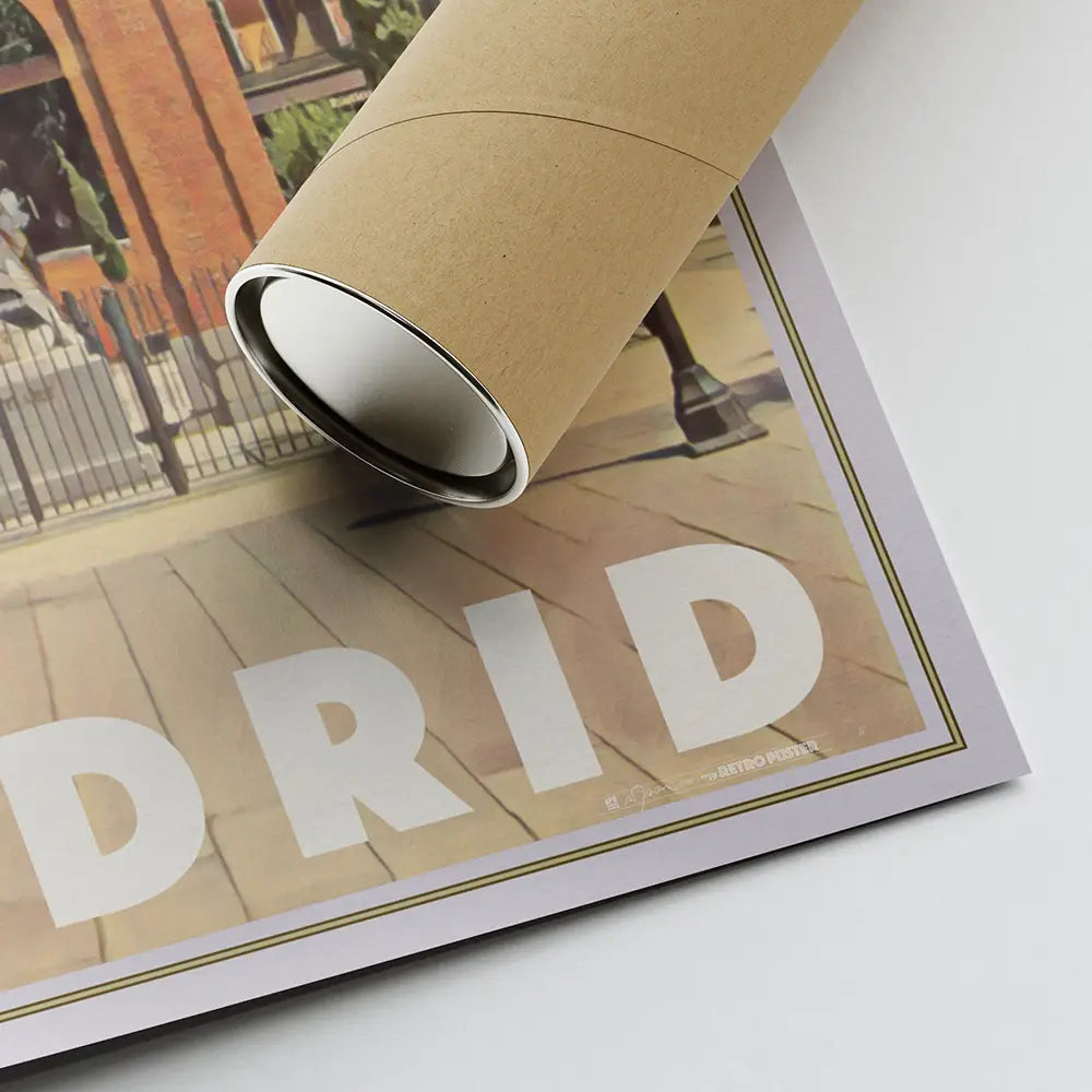 Retro-style poster of Plaza Dos de Mayo in Malasaña, Madrid, designed and signed by artist Alecse.