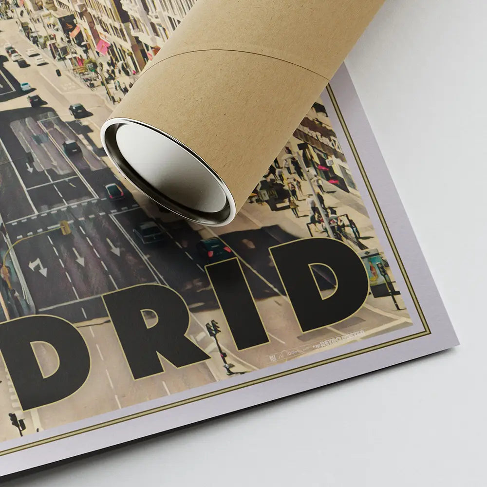 Rolled limited edition Madrid art print showing bottom lettering, signature and shipping tube